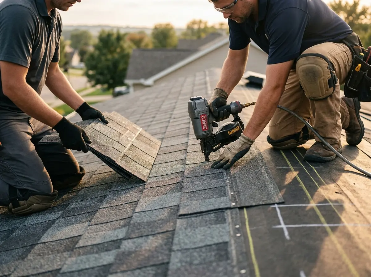 Professional roofer working on a residential roof in Wyandotte